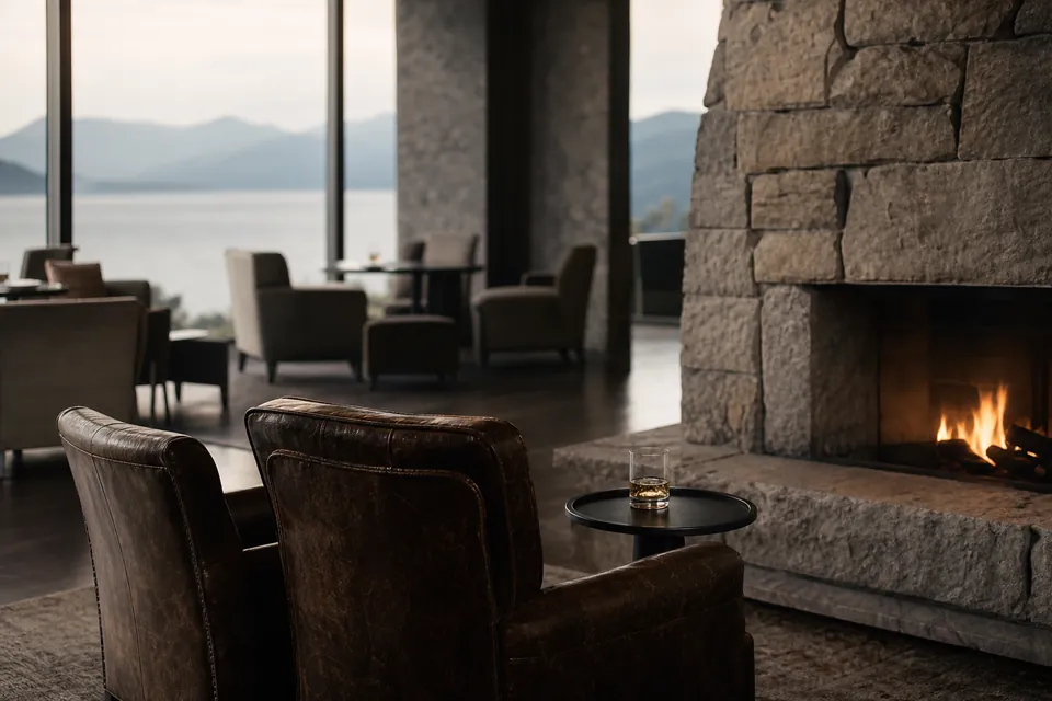Two leather armchairs before a stone fireplace with a glass of whisky