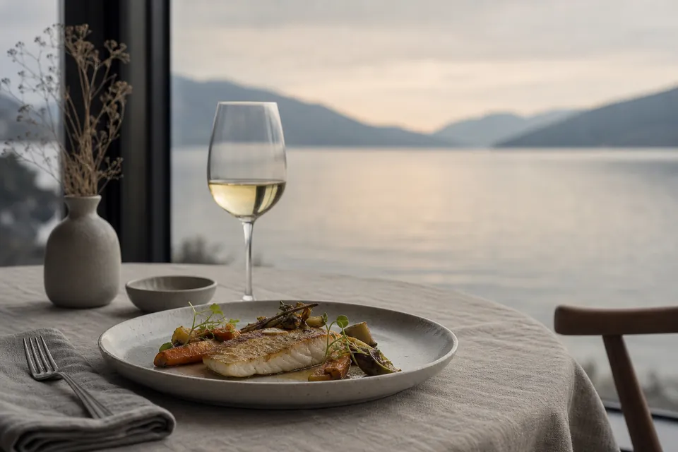 A restaurant table set beside a window over a lake