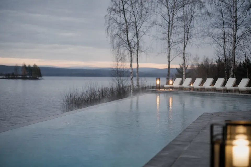 Outdoor pool with steam and a grey lake beyond
