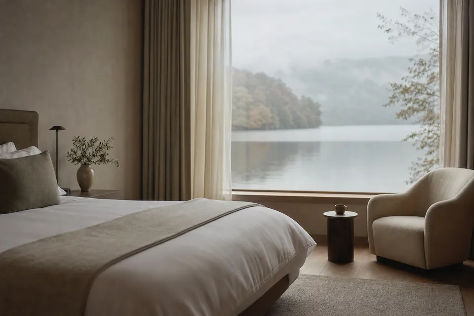 Hotel bedroom with a king bed and a lake beyond the window