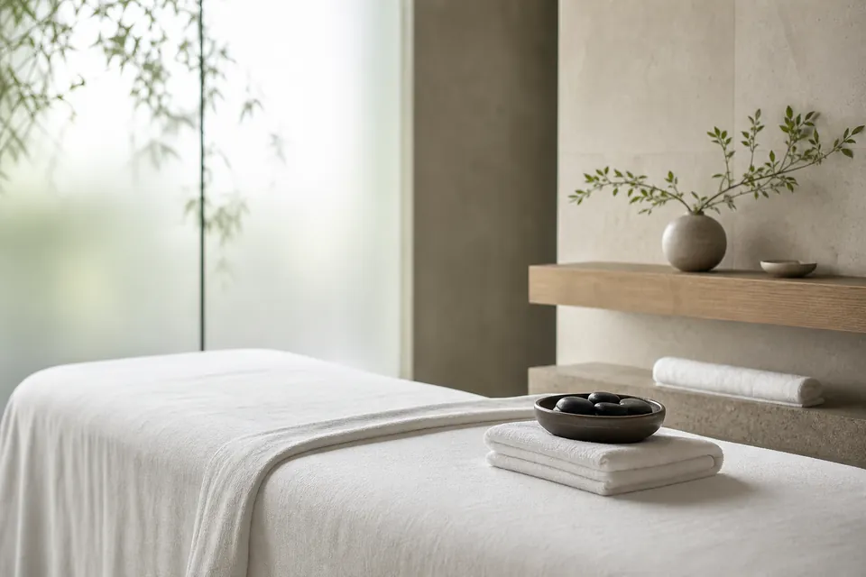 A treatment table with folded towels and dark stones in soft light