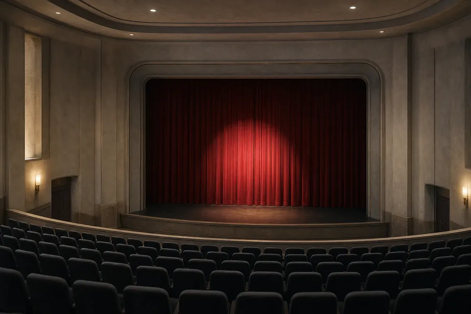 An empty theatre with a spotlight on a red curtain